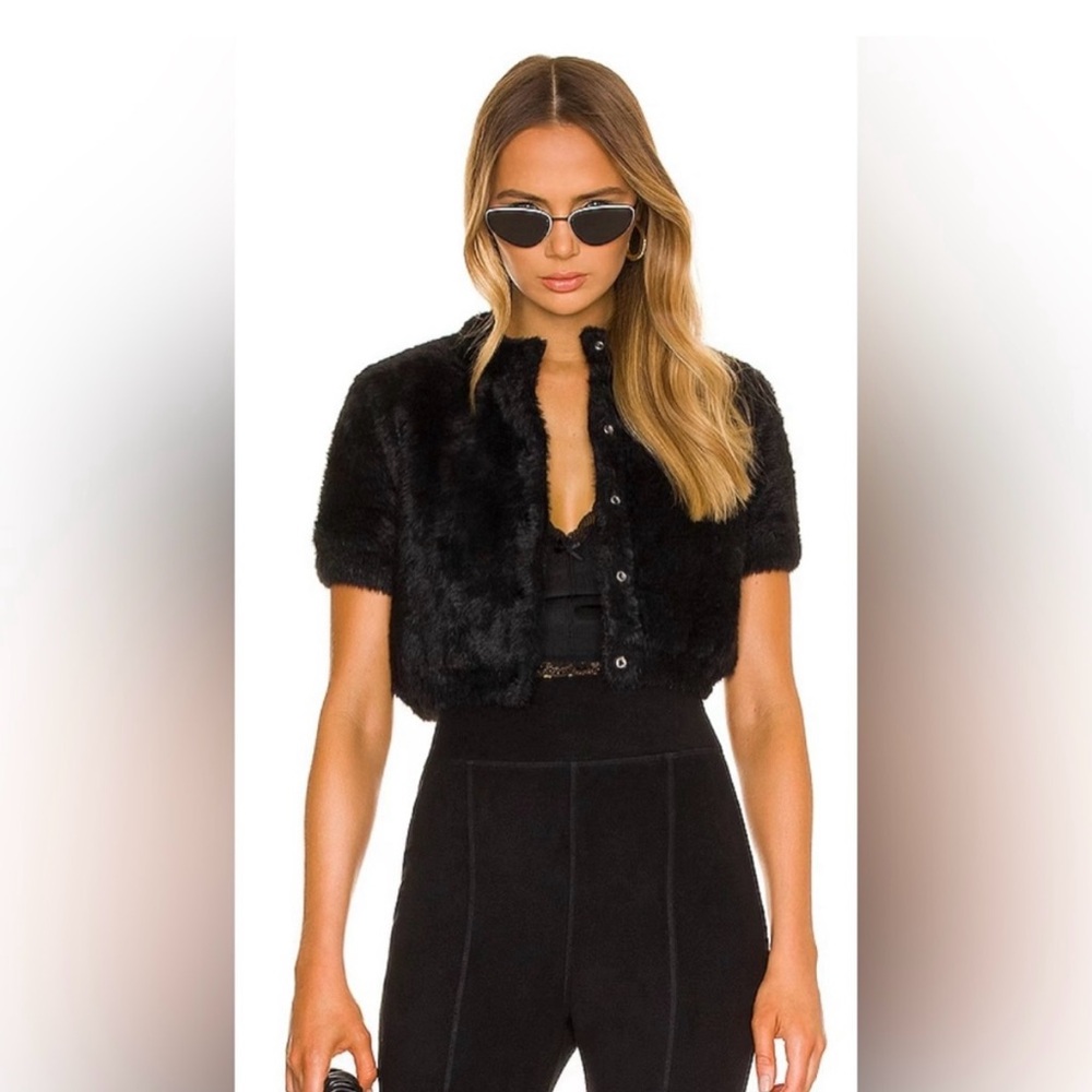 Alexander Wang .T NEW black faux fur Cropped cardigan quilted lining size XS